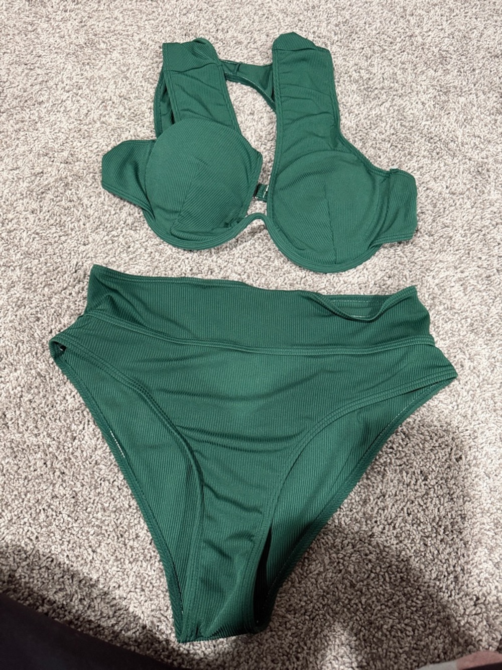 SHEIN Ribbed Dark Green Underwire High-Waist Bikini Set
